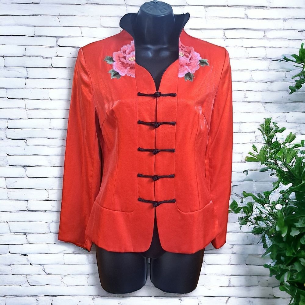 Beautiful Red Floral Asian Jacket Blazer By Bo Xi Hua Fu Women's Size L - Picture 4 of 14